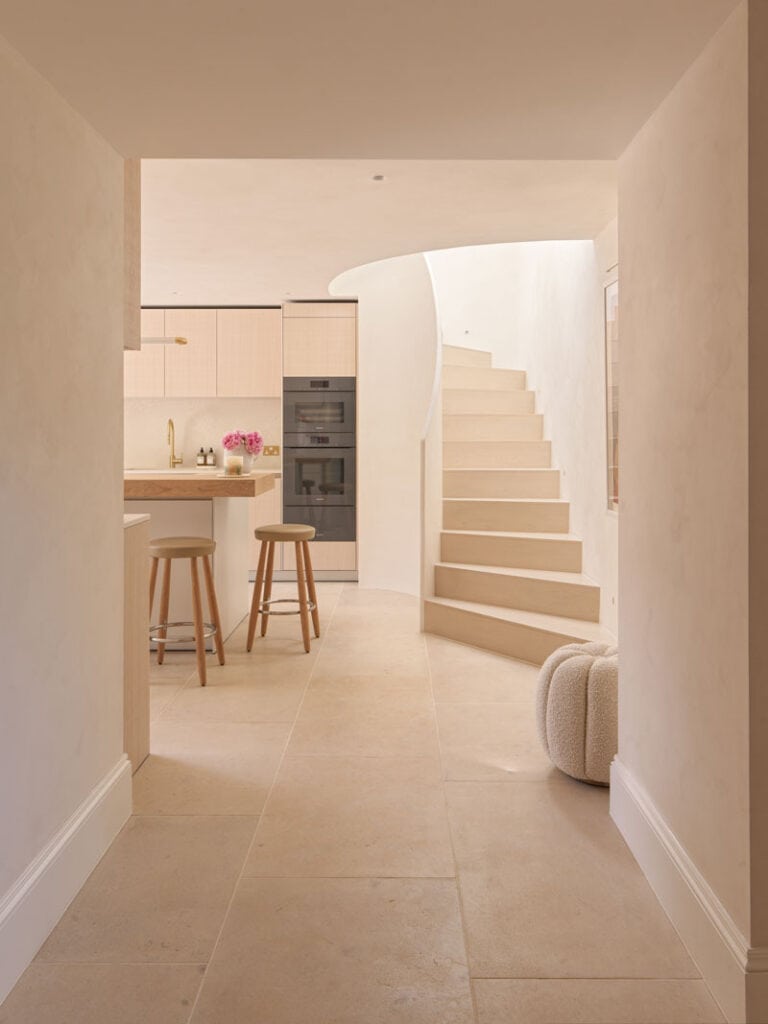 Limewash wall finish in a kitchen and hall